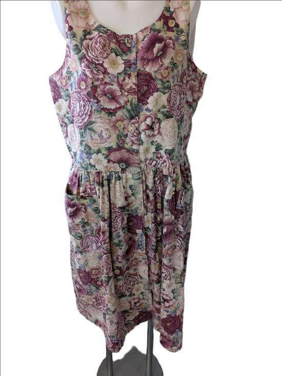 Vintage Dresses & Skirts - VINTAGE Cottagecore Floral Sleeveless Cotton Dress in Mauve Pink 1980 XL
